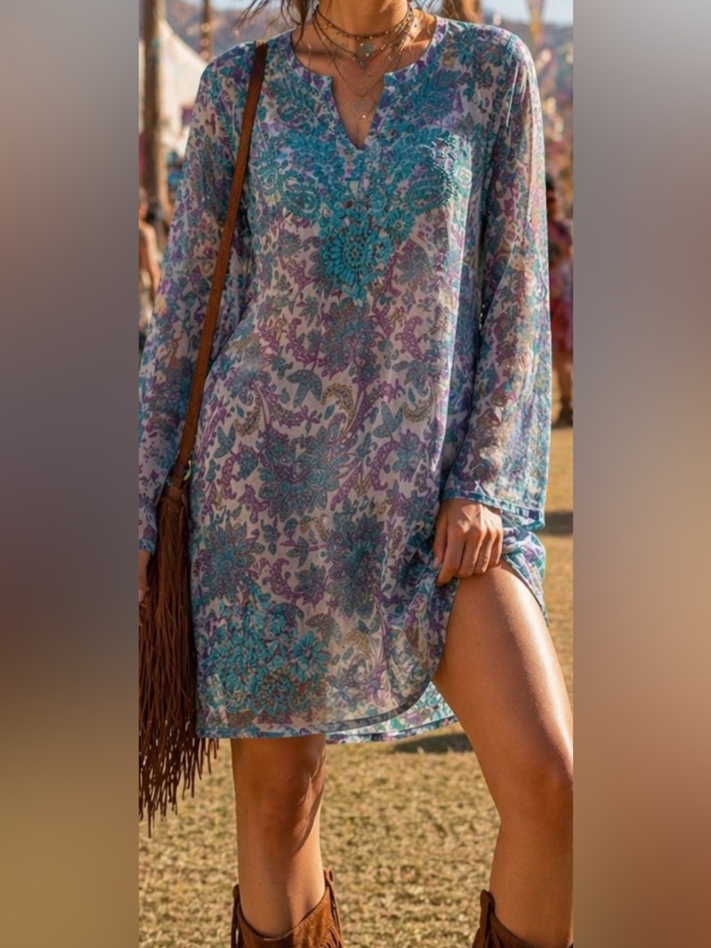 Sheer Teal Paisley V-Neck Tunic/dress/cover up